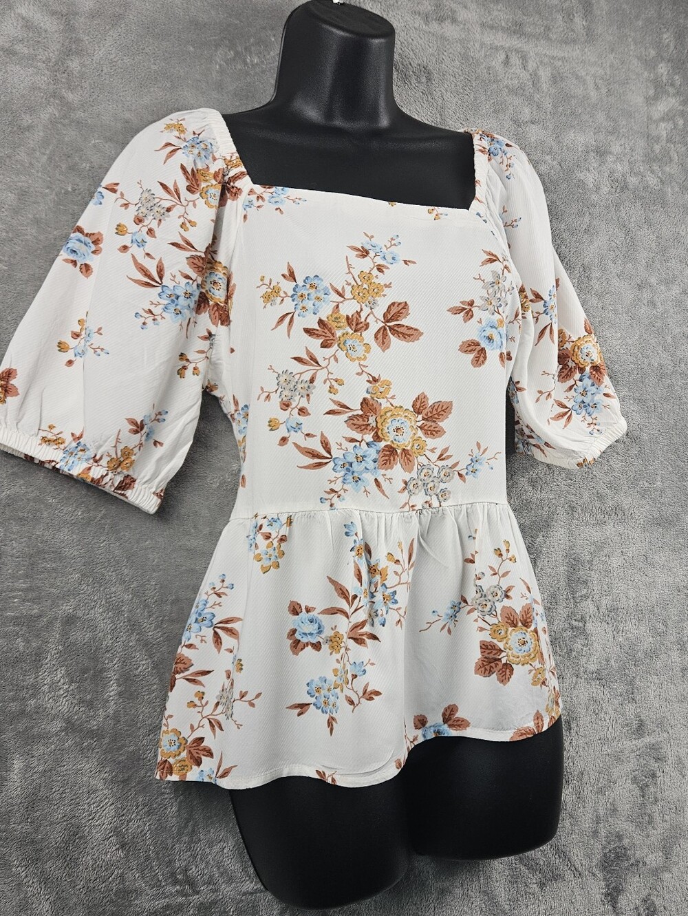 LOFT Medium Floral Square Neck Puff Sleeve Peplum Blouse Milkmaid Cottage